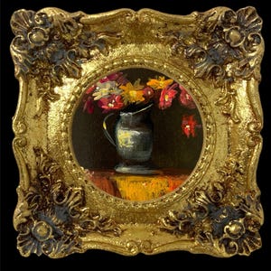 Original Miniature Oil Painting Antique Style Flowers In a Italian Gold Gilt Frame Listed by the Artist