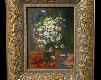 Fleurs miniatures originales de style antique de peinture à l'huile avec le cadre fleuri