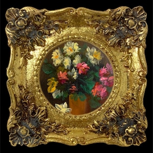 Original Miniature Oil Painting Antique Style Flowers In a Handmade Italian Gold Gilt Frame Listed by the Artist