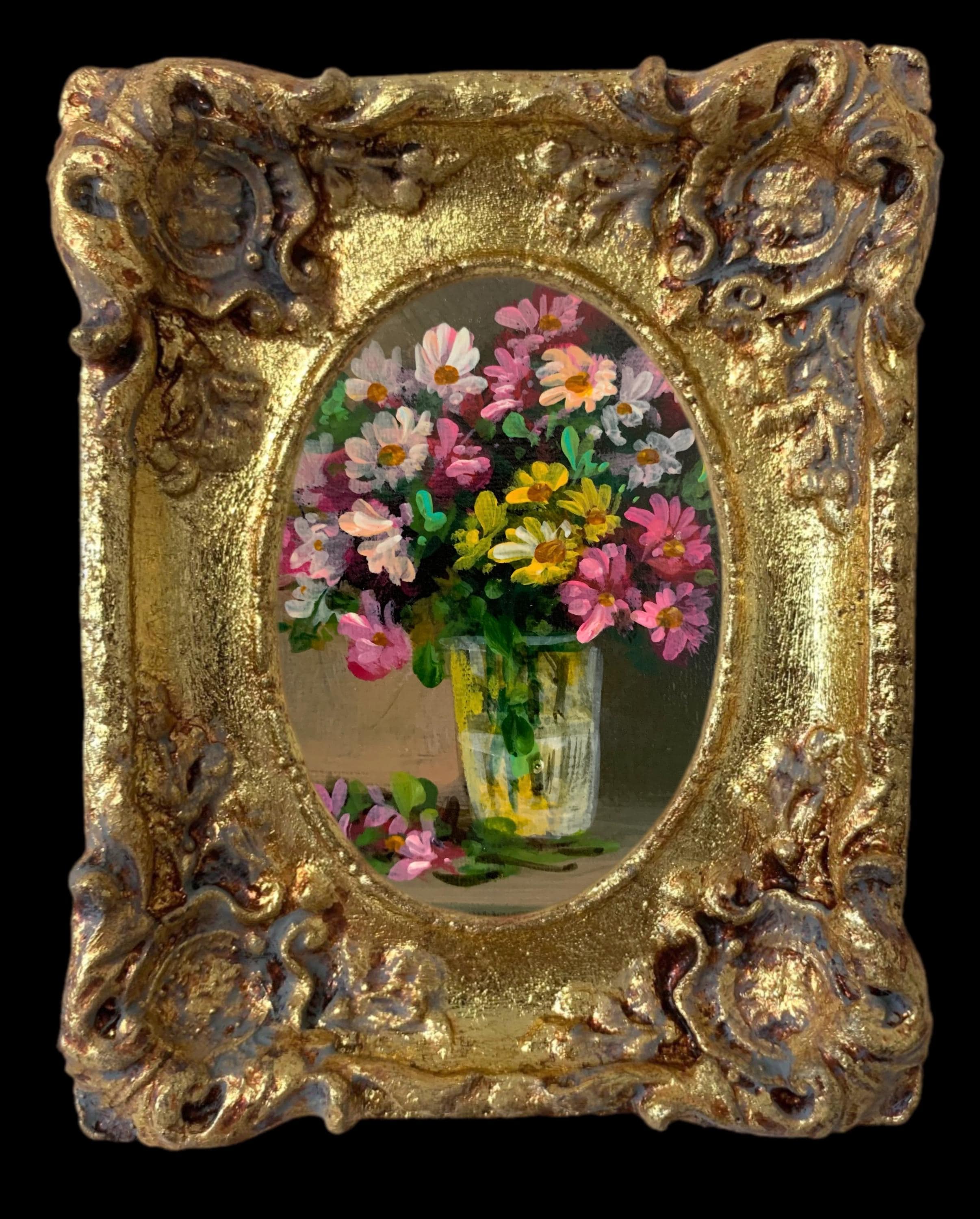 オリジナルのミニチュア油絵、アンティークスタイルの花、手作りの