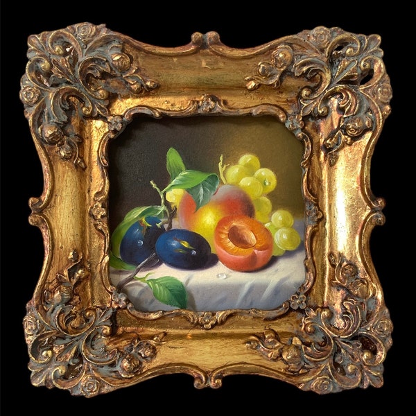 Nouvelle peinture à l'huile miniature originale nature morte fruits pomme abricot raisins prunes avec cadre doré fait main.