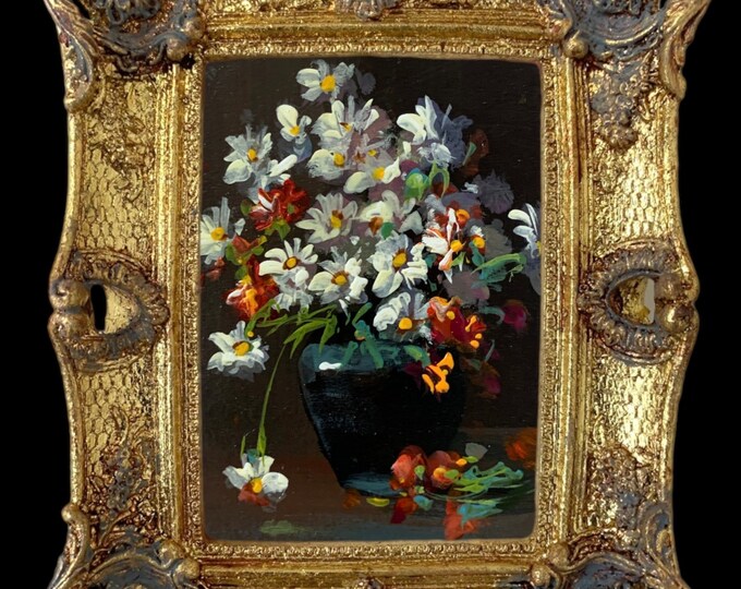 Original Miniature Oil Painting Antique Style Flowers With Ornate Gold