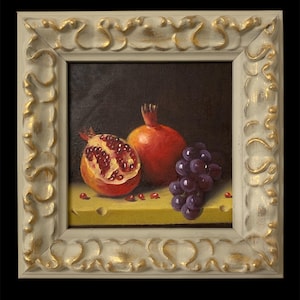 New Original Miniature Oil Painting Still Life Fruit Grapes And Pomegranate In an Italian Wooden Frame.