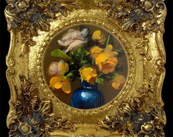 Pintura al óleo original en miniatura de estilo antiguo con flores en un marco dorado italiano hecho a mano, catalogado por el artista.