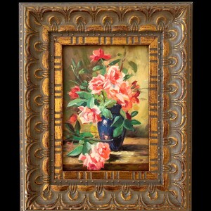 Original Oil Painting Antique Style Roses Flowers With Ornate Frame