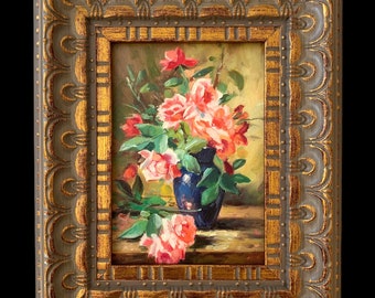 Original Oil Painting Antique Style Roses Flowers With Ornate Frame