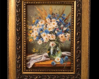 Peinture à l'huile originale de fleurs de style antique avec cadre fleuri.