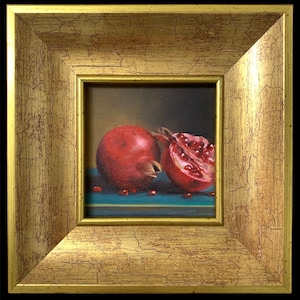 New Original Miniature Oil Painting Still Life Fruit Pomegranate With Italian Wooden Frame.