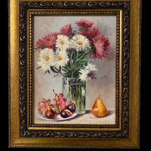 Original Oil Painting Antique Style Flowers And Fruits In an Ornate Frame Listed by the Artist