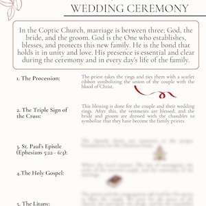 May include: A white page with brown text outlining the steps of a Coptic Orthodox wedding ceremony. The text includes the procession, the triple sign of the cross, St. Paul's Epistle, the Holy Gospel, and the Litany.