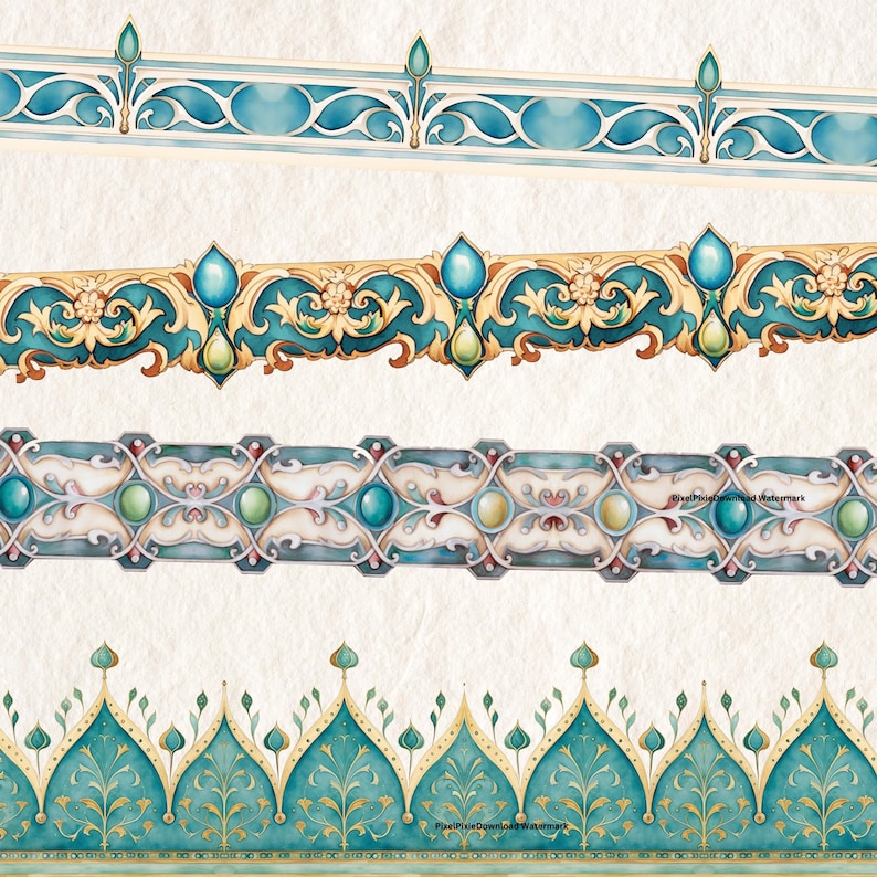 Teal Rant Border Teal Medieval Borders: Watercolor Scrapbook Graphics (digital Download ...