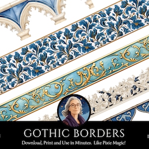 Medieval Gothic Borders Blue Ivory PNG - 35 Digital Seamless Borders - Transparent Clipart Scrapbook - Printable Commercial Use