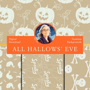 Peut inclure: Téléchargement numérique de fonds d'écran Halloween sans couture. Les motifs incluent des citrouilles, des fantômes, des toiles d'araignées et des crânes. Le texte "ALL HALLOWS' EVE" est affiché sur une bannière orange. L'image comprend également un portrait de femme.