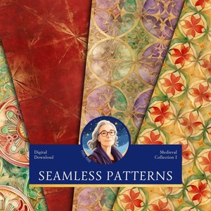 May include: Four digital seamless patterns in a medieval style. The patterns feature intricate designs with gold, green, red, and purple colours. The patterns are perfect for scrapbooking, card making, and other craft projects.