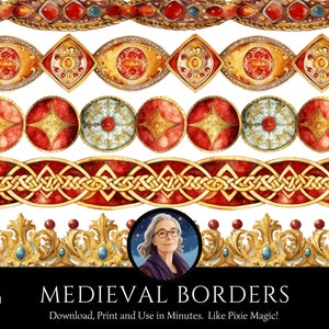 Puede incluir: Cinco diseños de borde digital sin costuras en rojo, dorado y blanco. Los bordes presentan intrincados patrones de escudos, joyas y nudos celtas. El texto "MEDIEVAL BORDERS" se muestra debajo de los bordes.