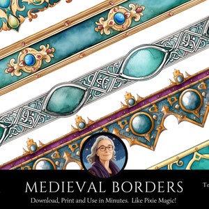 Puede incluir: Descarga digital de acuarela con bordes medievales en verde azulado y dorado. Los diseños incluyen patrones ornamentados con joyas y elementos decorativos. La imagen incluye el texto "Medieval Borders" y "Teal & Gold Borders".