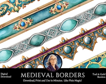 Bordas Medievais Azul-petróleo: Gráficos de Scrapbook em Aquarela (Download Digital)