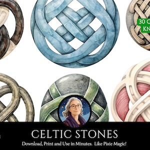 May include: A set of six Celtic knot designs, each with a different color and pattern. The knots are drawn in a watercolor style and are surrounded by a white background. The text "30 Celtic Knots" is in the upper right corner of the image.