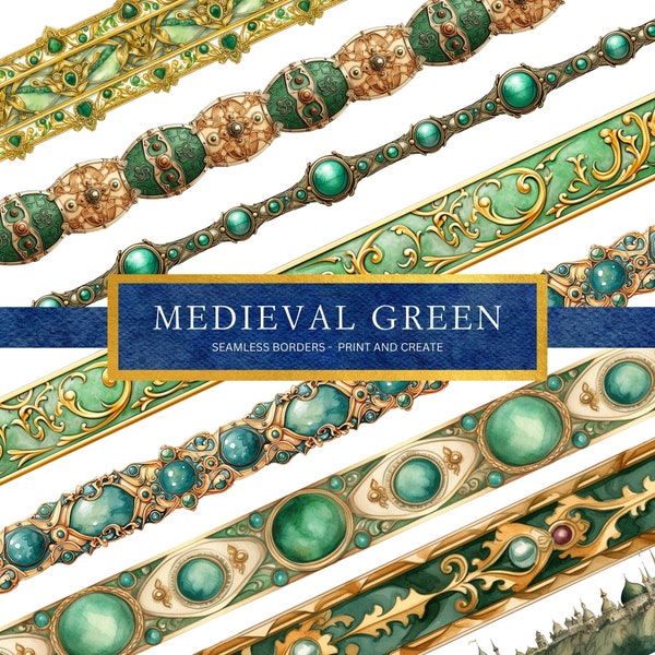 Medieval Borders in Green and Gold, Digital Download, Junk Journal, Scrapbook, Collage, Cards, Website Design
