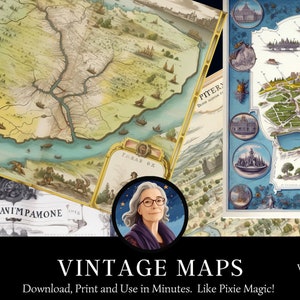 May include: A collection of vintage maps, including a fantasy map with a detailed city illustration and a portrait of a woman with glasses. The maps feature intricate details and a classic aesthetic. The text on the image reads "VINTAGE MAPS" and "Digital Download."