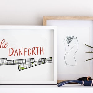 La carte dessinée à la main de Danforth • Quartier de Toronto • Impression d'art numérique • Art mural personnalisé et décoration d'intérieur moderne • Cadeau d'anniversaire