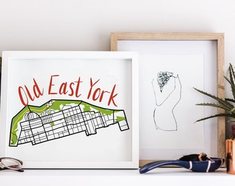 Old East York Hand Drawn Map • Toronto Neighbourhood • Digital Art Print • Custom Wall Art and Modern Home Decor • Anniversary Gift