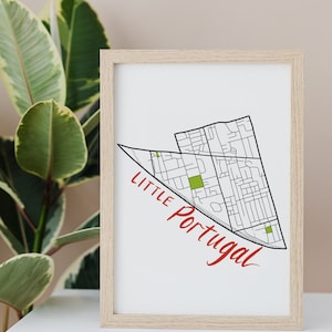 Carte dessinée à la main du petit Portugal • Quartier de Toronto • Impression d'art numérique • Art mural personnalisé et décoration d'intérieur moderne • Cadeau d'anniversaire