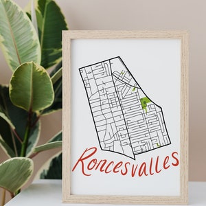 Carte dessinée à la main de Roncevaux • Quartier de Toronto • Impression d'art numérique • Art mural personnalisé et décoration d'intérieur moderne • Cadeau d'anniversaire