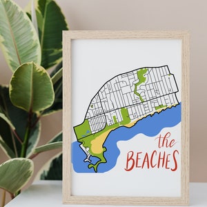 La carte dessinée à la main des plages • Quartier de Toronto • Impression d'art numérique • Art mural personnalisé et décoration d'intérieur moderne • Cadeau d'anniversaire