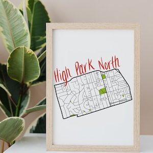 Carte dessinée à la main de High Park North • Quartier de Toronto • Impression d'art numérique • Art mural personnalisé et décoration d'intérieur moderne • Cadeau d'anniversaire