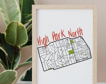 High Park North Hand Drawn Map • Toronto Neighbourhood • Digital Art Print • Custom Wall Art and Modern Home Decor • Anniversary Gift