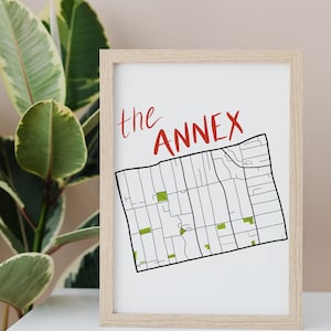 La carte dessinée à la main de l'annexe • Quartier de Toronto • Impression d'art numérique • Art mural personnalisé et décoration d'intérieur moderne • Cadeau d'anniversaire