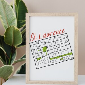 Carte dessinée à la main du Saint-Laurent • Quartier de Toronto • Impression d'art numérique • Art mural personnalisé et décoration intérieure moderne • Cadeau d'anniversaire