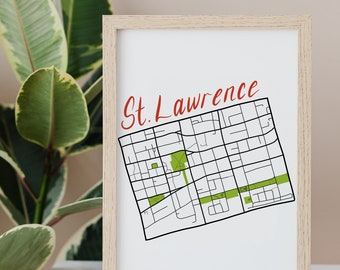 St. Lawrence Hand Drawn Map • Toronto Neighbourhood • Digital Art Print • Custom Wall Art and Modern Home Decor • Anniversary Gift