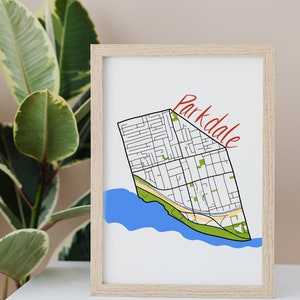Carte dessinée à la main de Parkdale • Quartier de Toronto • Impression d'art numérique • Art mural personnalisé et décoration d'intérieur moderne • Cadeau d'anniversaire