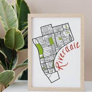 Carte dessinée à la main de Riverdale • Quartier de Toronto • Impression d'art numérique • Art mural personnalisé et décoration d'intérieur moderne • Cadeau d'anniversaire