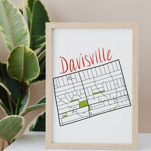 Carte dessinée à la main de Davisville • Quartier de Toronto • Impression d'art numérique • Art mural personnalisé et décoration d'intérieur moderne • Cadeau d'anniversaire
