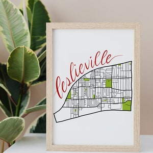 Carte dessinée à la main de Leslieville • Quartier de Toronto • Impression d'art numérique • Art mural personnalisé et décoration d'intérieur moderne • Cadeau d'anniversaire