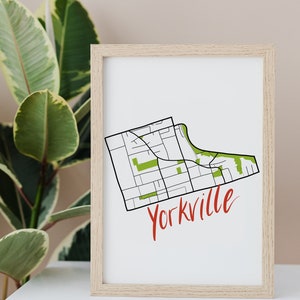Carte dessinée à la main de Yorkville • Quartier de Toronto • Impression d'art numérique • Art mural personnalisé et décoration d'intérieur moderne • Cadeau d'anniversaire