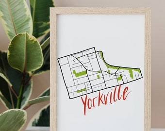 Yorkville Hand Drawn Map • Toronto Neighbourhood • Digital Art Print • Custom Wall Art and Modern Home Decor • Anniversary Gift