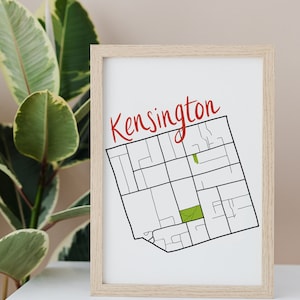 Carte dessinée à la main de Kensington • Quartier de Toronto • Impression d'art numérique • Art mural personnalisé et décoration d'intérieur moderne • Cadeau d'anniversaire