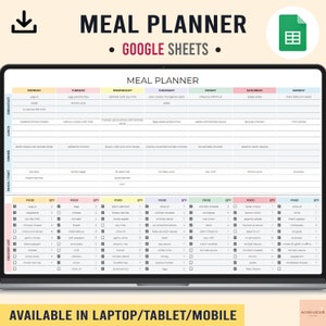 Könnte beinhalten: Eine farbenfrohe Vorlage für einen Speiseplan für Google Sheets. Die Vorlage ist in sieben Spalten unterteilt, eine für jeden Tag der Woche. Jede Spalte ist weiter unterteilt in Abschnitte für Frühstück, Mittagessen, Abendessen, Snacks und eine Einkaufsliste. Die Vorlage enthält eine Liste von Lebensmitteln und Mengen, die für jede Mahlzeit benötigt werden.