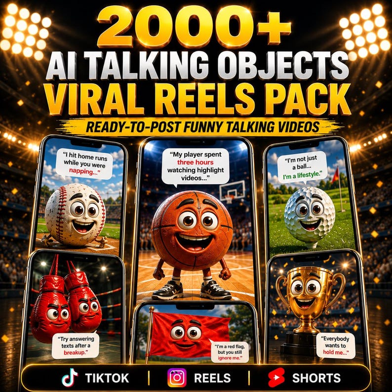 May include: A digital graphic titled 2000+ AI TALKING OBJECTS VIRAL REELS PACK featuring five smartphones displaying animated characters including a baseball, basketball, golf ball, boxing gloves, a red flag, and a trophy with speech bubbles.