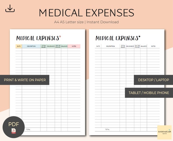 Medical Expenses Tracker Printable Medical Bills Log - Etsy