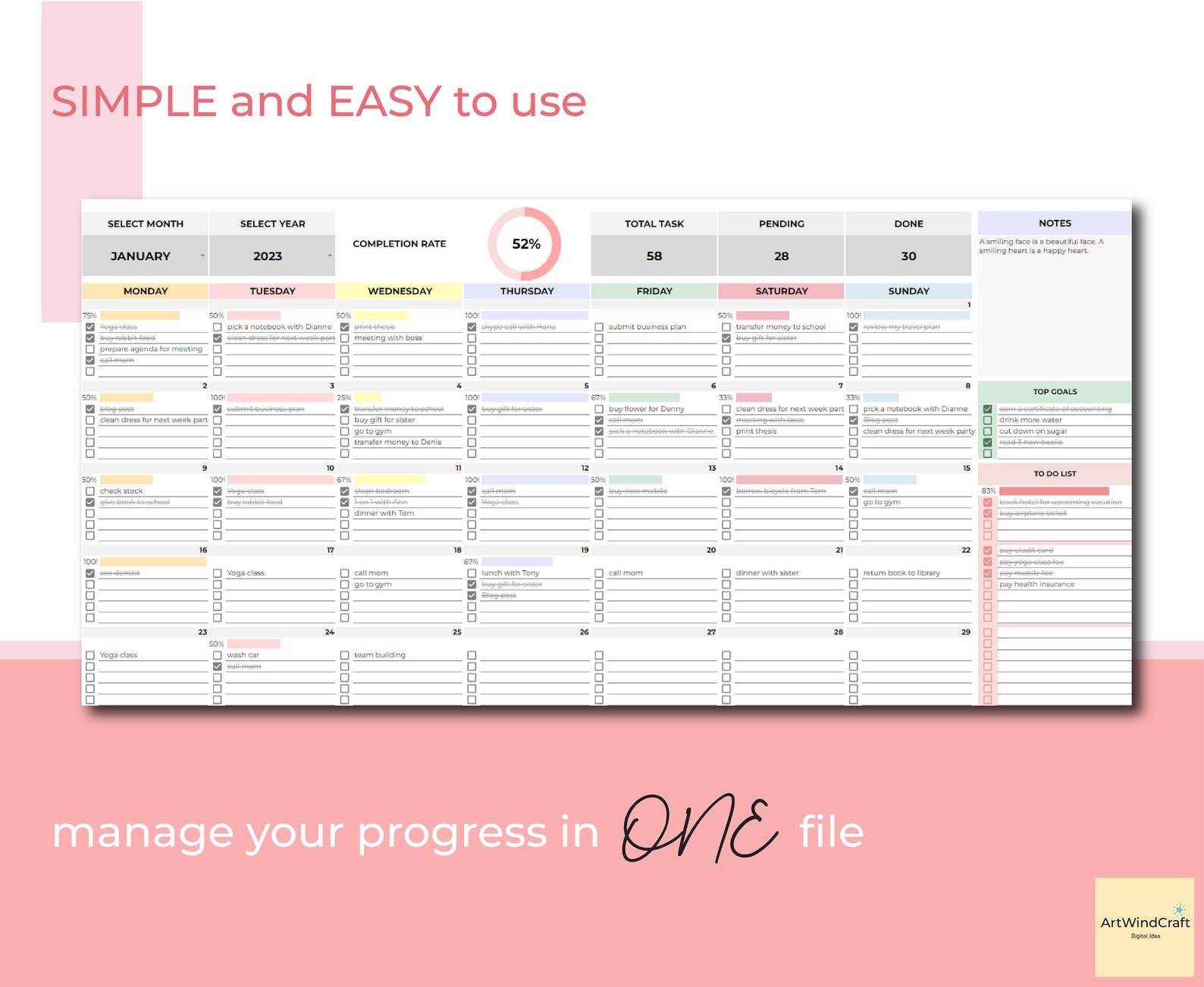 Digital Calendar Spreadsheet Monthly Calendar to Do List Etsy