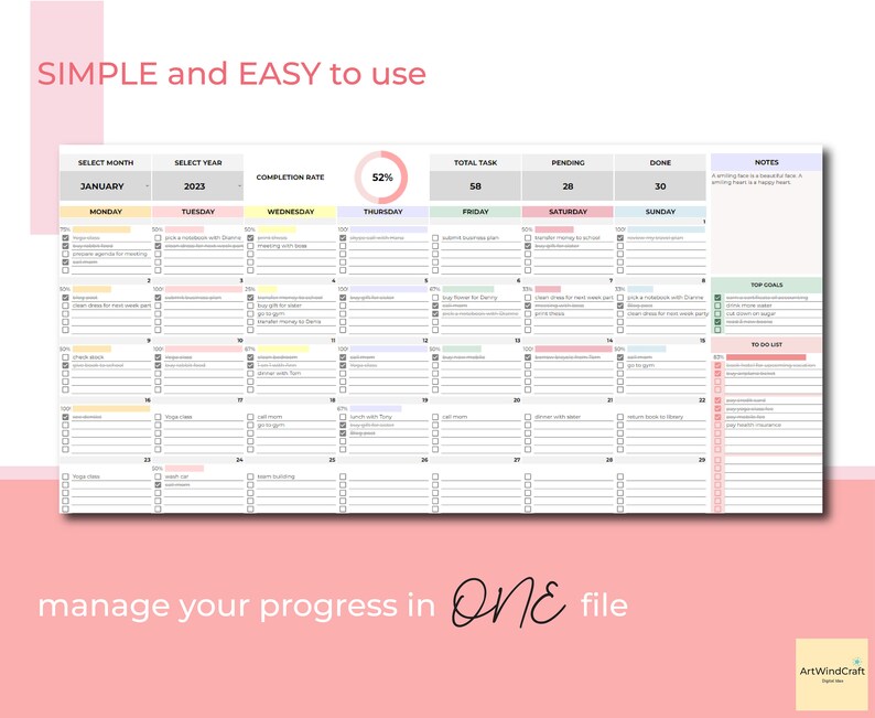 Digital Calendar Spreadsheet Monthly Calendar to Do List Etsy