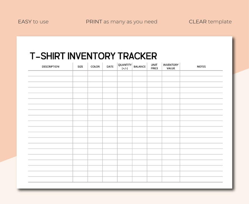 K&ouml;nnte beinhalten: Ein druckbarer T-Shirt-Inventar-Tracker mit Spalten f&uuml;r Beschreibung, Gr&ouml;&szlig;e, Farbe, Datum, Menge, Saldo, Einzelpreis, Inventarwert und Notizen.
