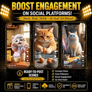 May include: A digital marketing graphic featuring three smartphone screens displaying cat-themed video content. The text reads BOOST ENGAGEMENT ON SOCIAL PLATFORMS! Shorts, Reels, TikTok - Go Viral, Get Noticed! and READY-TO-POST SCENES. Includes icons for download, vertical format, and commercial use.