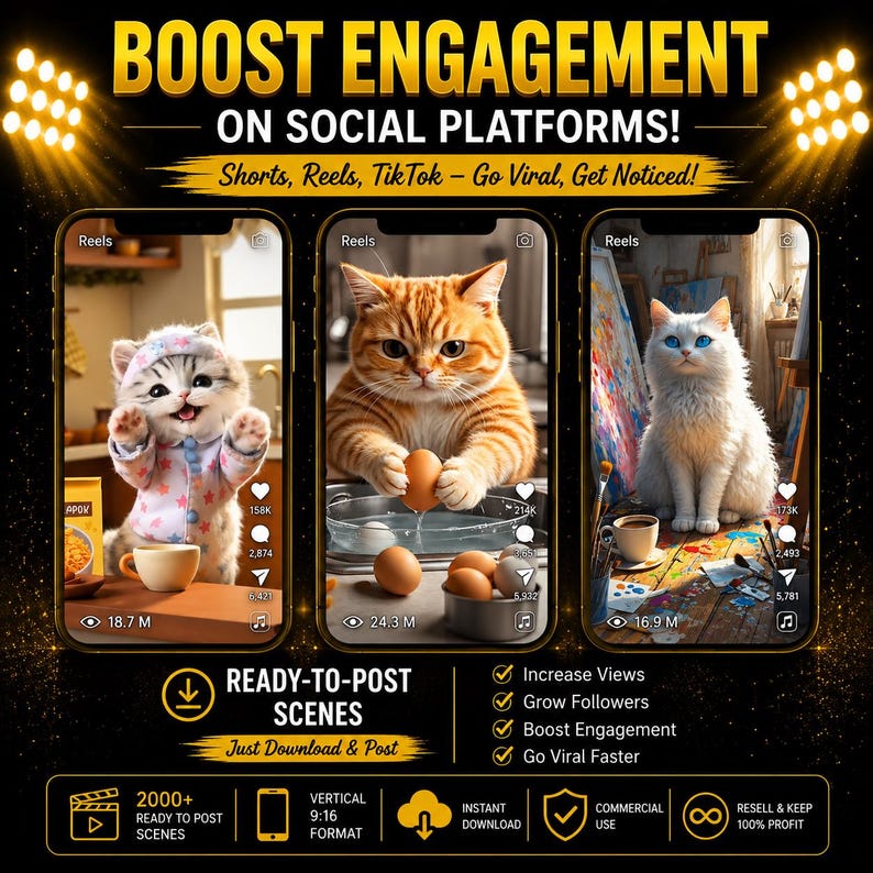 May include: A digital marketing graphic featuring three smartphone screens displaying cat-themed video content. The text reads BOOST ENGAGEMENT ON SOCIAL PLATFORMS! Shorts, Reels, TikTok - Go Viral, Get Noticed! and READY-TO-POST SCENES. Includes icons for download, vertical format, and commercial use.