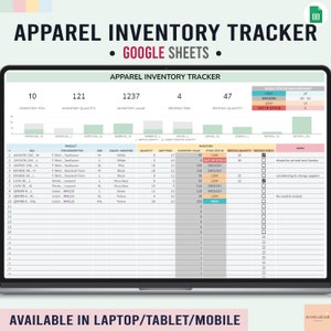 May include: A Google Sheets spreadsheet template for tracking apparel inventory. The spreadsheet includes columns for inventory item, inventory quantity, inventory value, restock item, restock quantity, stock status measurement, restock check, and notes. The spreadsheet is designed to help businesses manage their apparel inventory and ensure that they have enough stock on hand to meet customer demand.